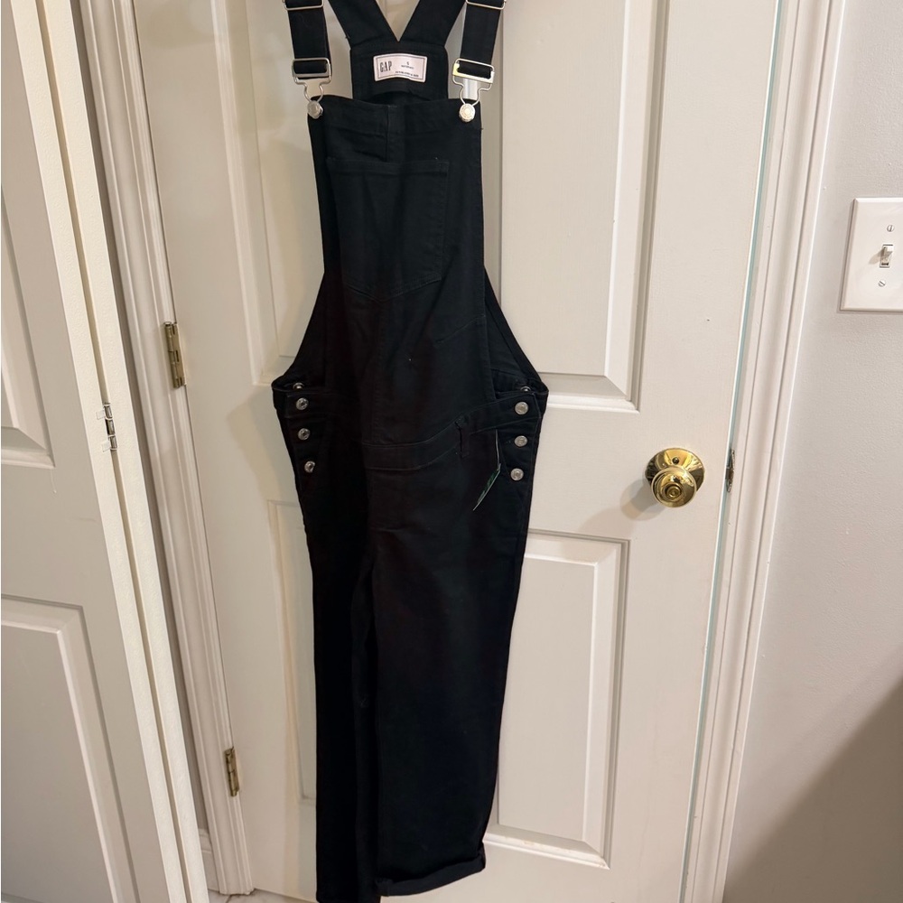 GAP Maternity Black Denim Overall Jumpsuit with Silver Hardware